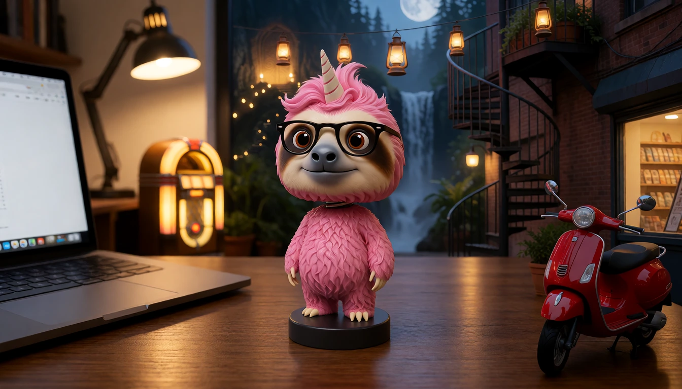Krea 2 Identity Edit v1.2: the pink sloth as a plastic figurine on a desk, with the street scene still behind it