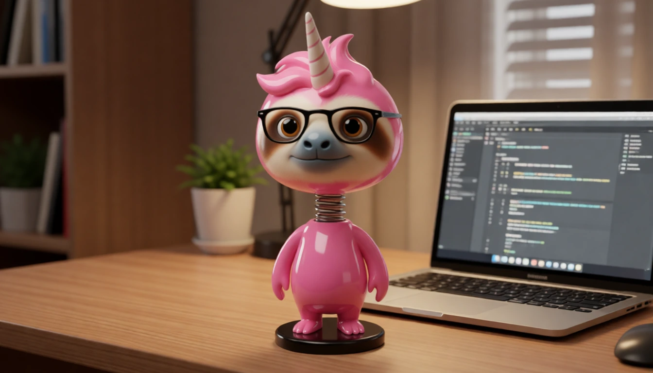 Qwen Image Edit 2511 Lightning: the pink sloth as a smooth glossy plastic bobble-head on a desk next to a laptop