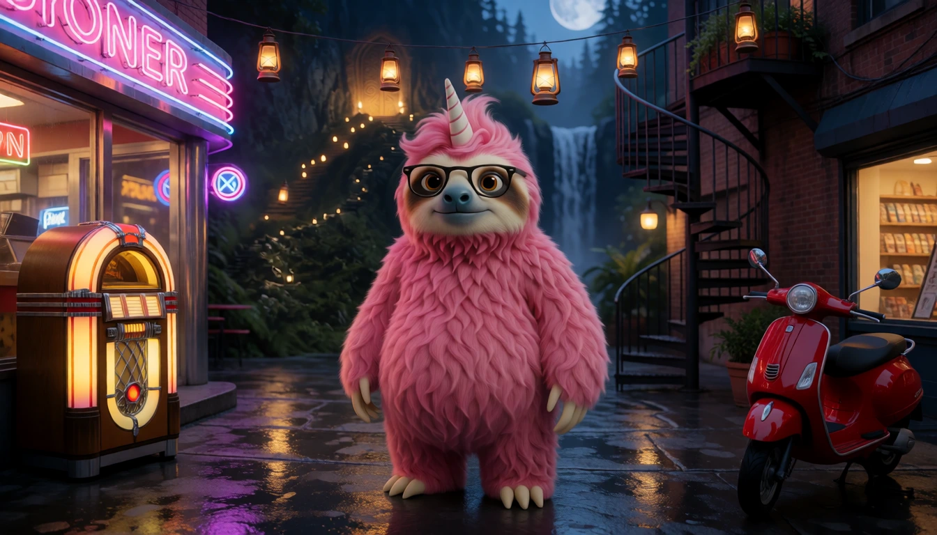 The source: a furry pink sloth with glasses and a unicorn horn on a rainy street at night, beside a jukebox and a red scooter