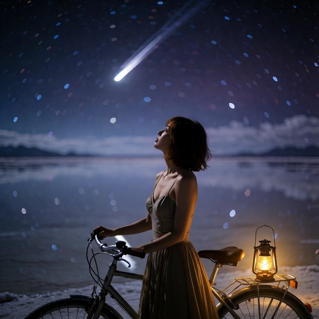 Qwen Image Edit 2511 Lightning: a glowing lantern on the bicycle's rear rack