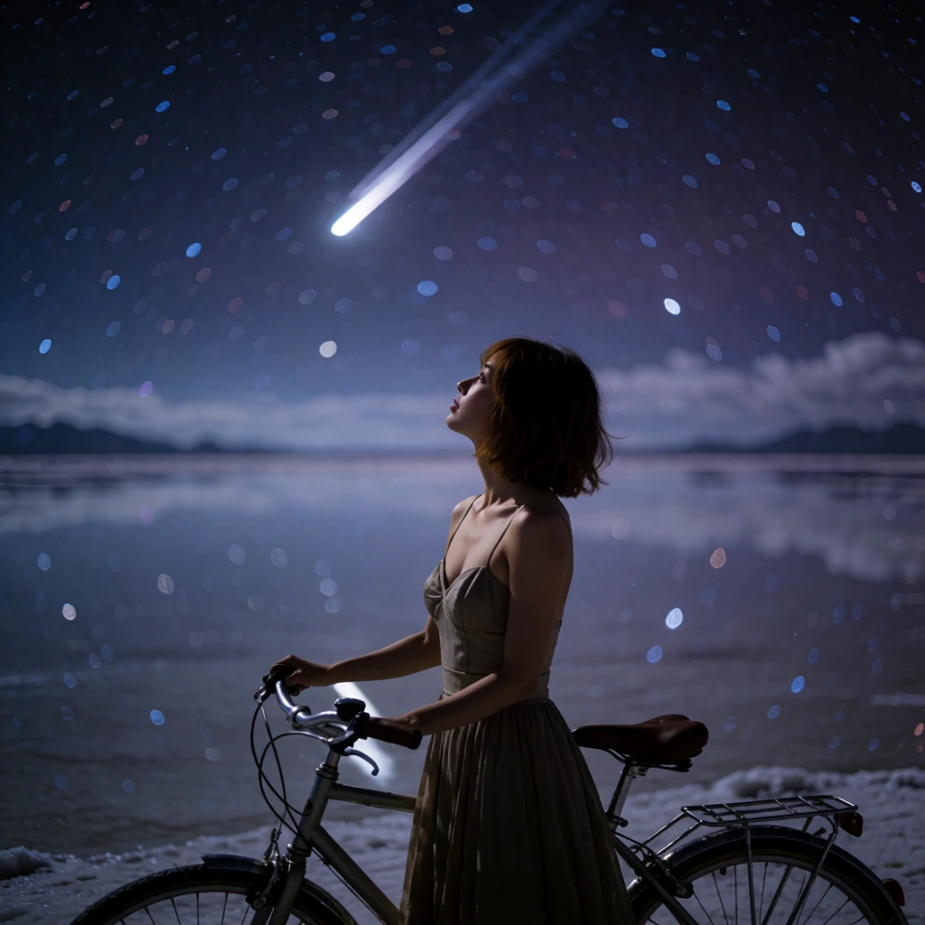 The source: a woman holding a bicycle on a salt flat at night, looking up at a comet