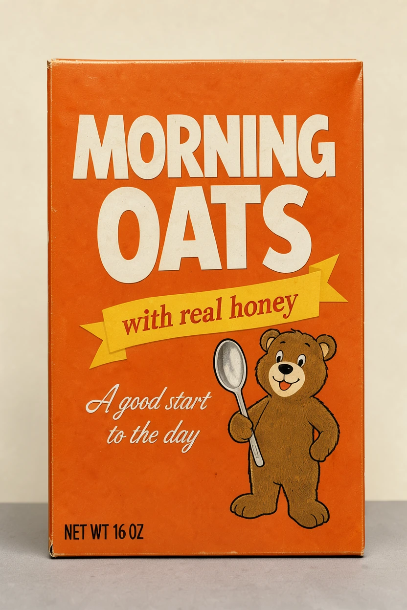 FLUX 3 Image Klein with Enhance: a 1960s cereal box reading MORNING OATS