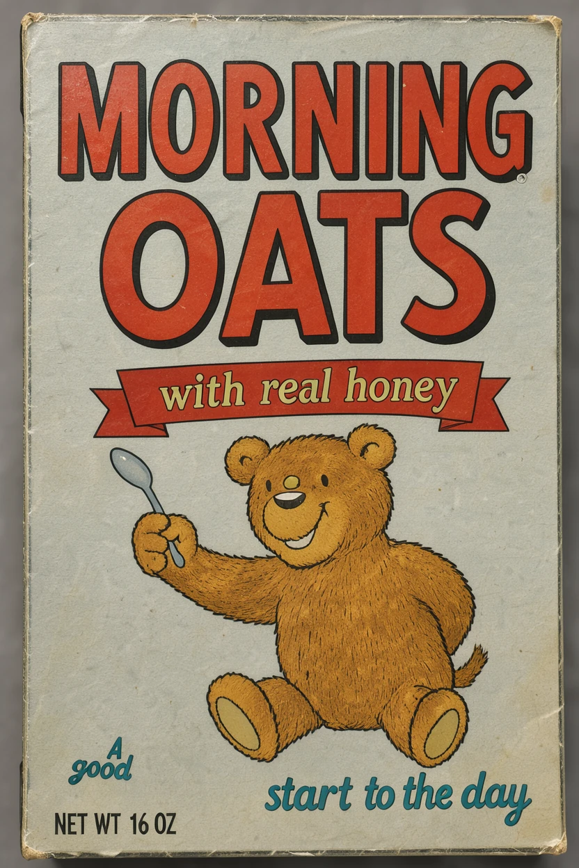 FLUX 3 Image Klein, prompt as typed: a 1960s cereal box reading MORNING OATS
