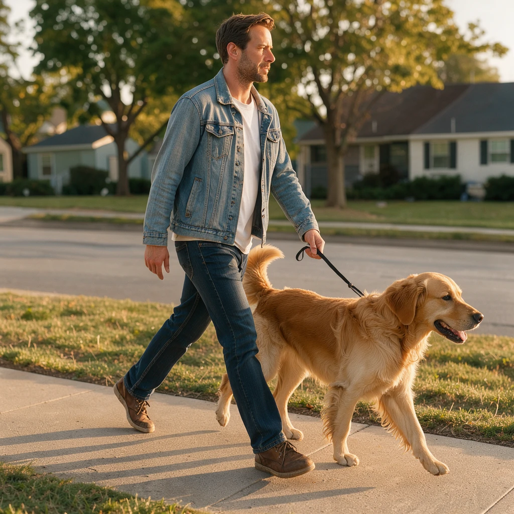FLUX 3 Image Klein with Enhance: a man walking his dog