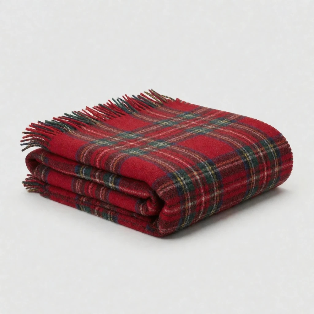 Reference 10: a folded red plaid wool blanket on a plain grey background