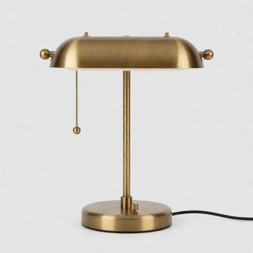 Reference 2: a brass desk lamp with a pull chain on a plain grey background