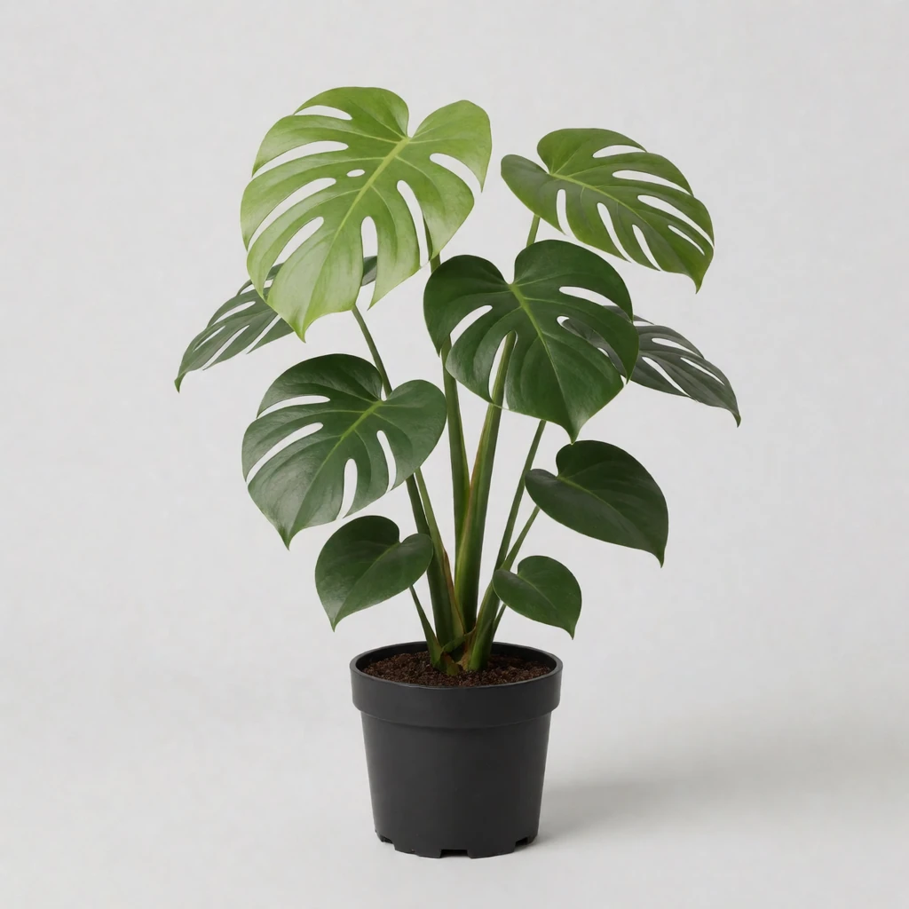 Reference 3: a monstera plant in a black pot on a plain grey background