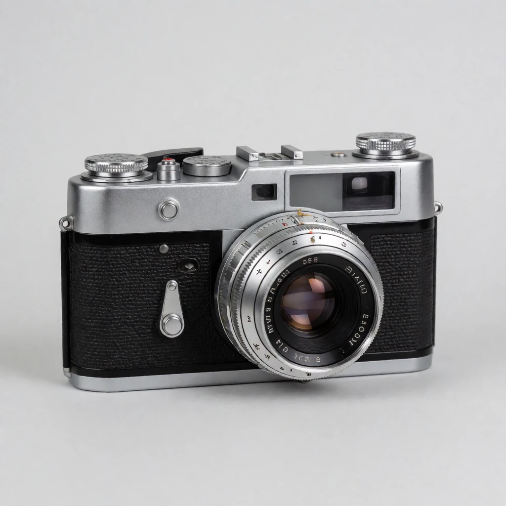 Reference 4: a vintage silver film camera on a plain grey background
