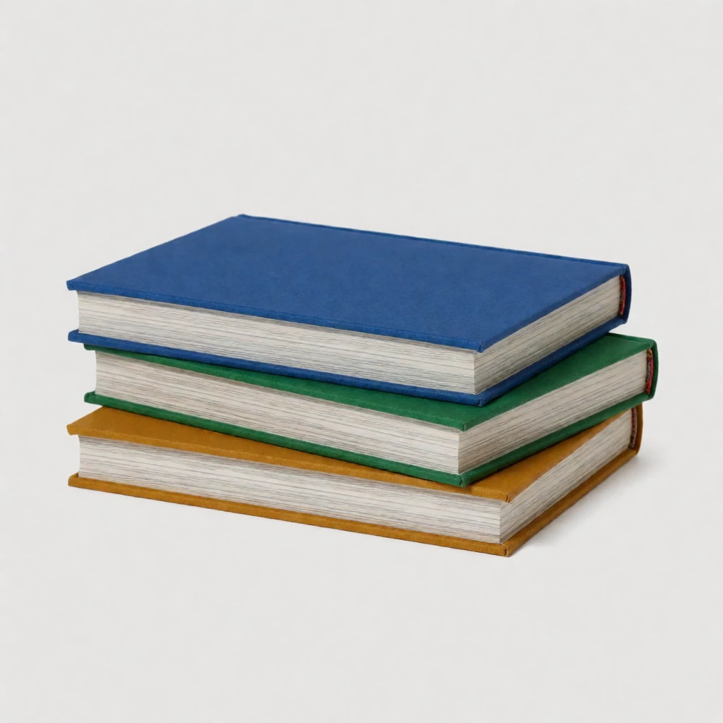 Reference 5: a stack of blue, green and ochre hardcover books on a plain grey background