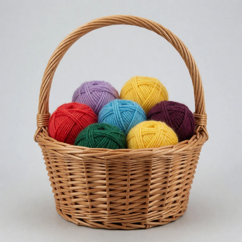 Reference 7: a wicker basket of colorful balls of yarn on a plain grey background