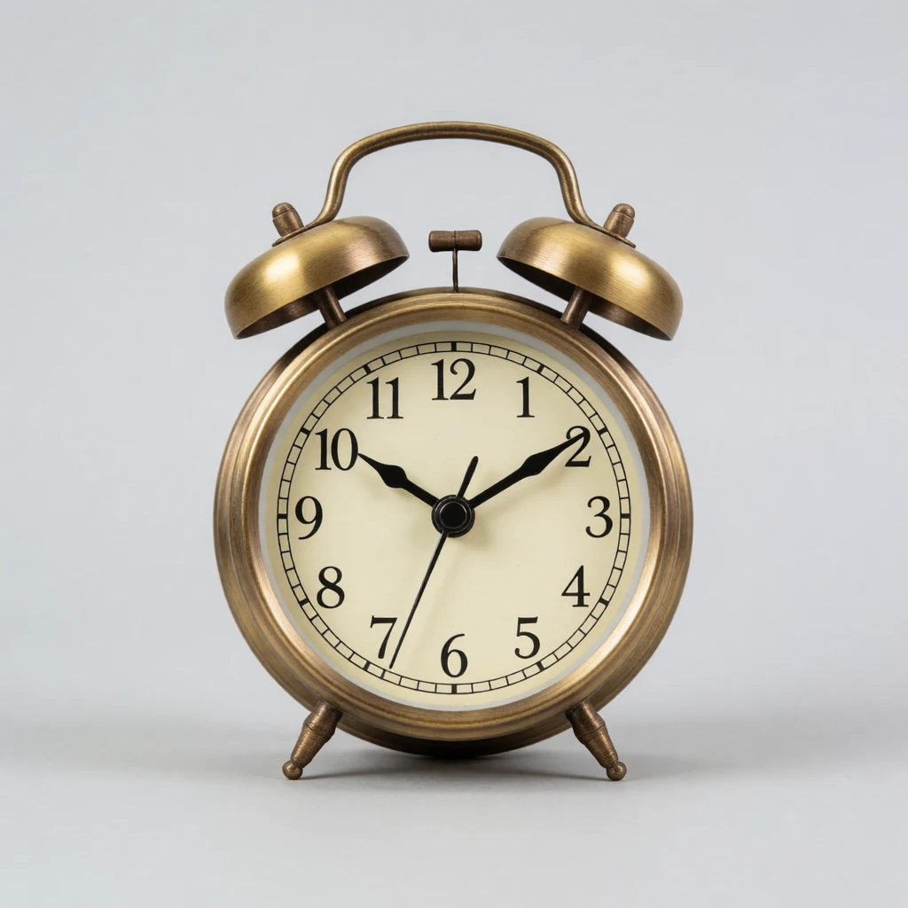Reference 8: a vintage brass alarm clock on a plain grey background