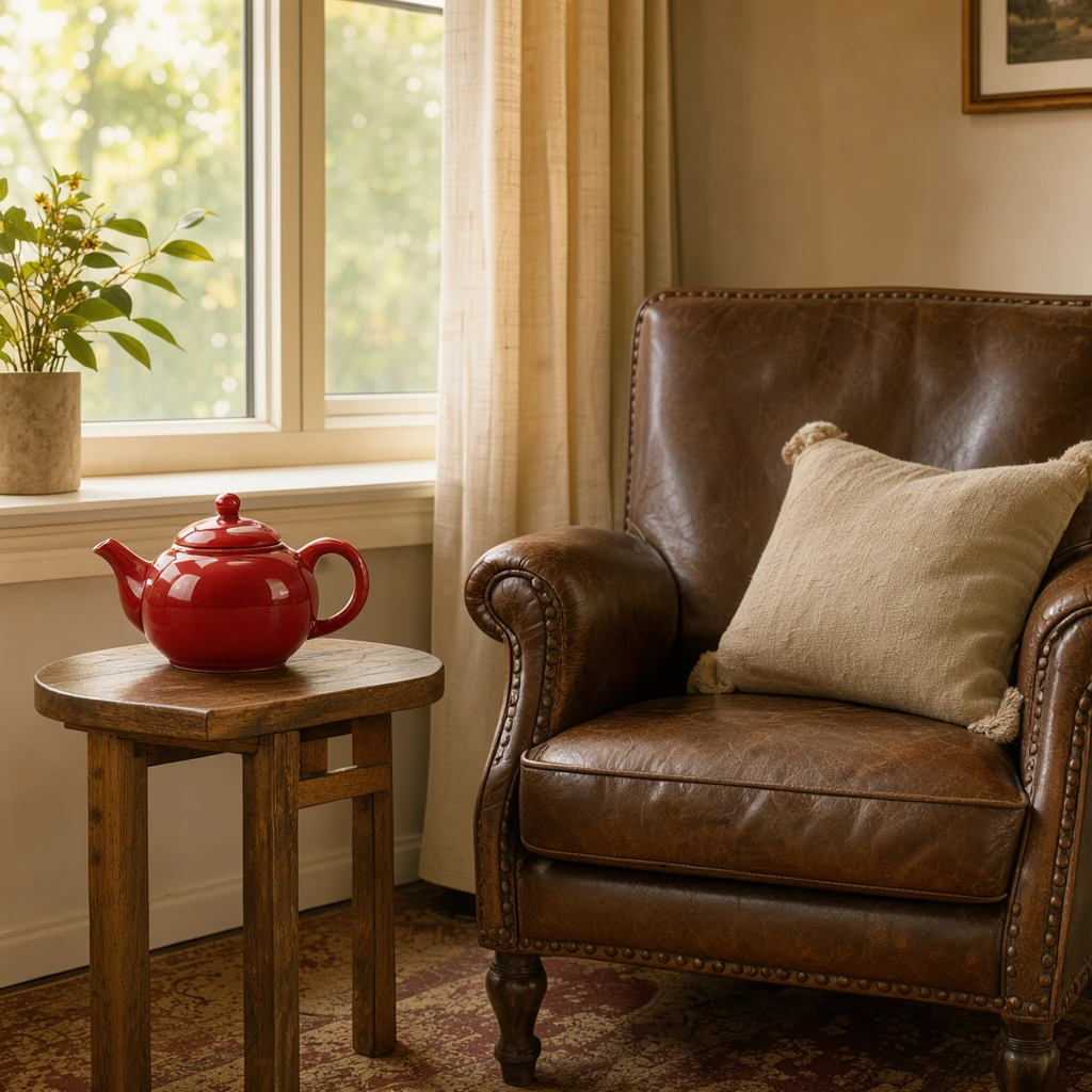 FLUX 3 Image Klein with 1 reference image: a reading nook with a leather armchair and side table