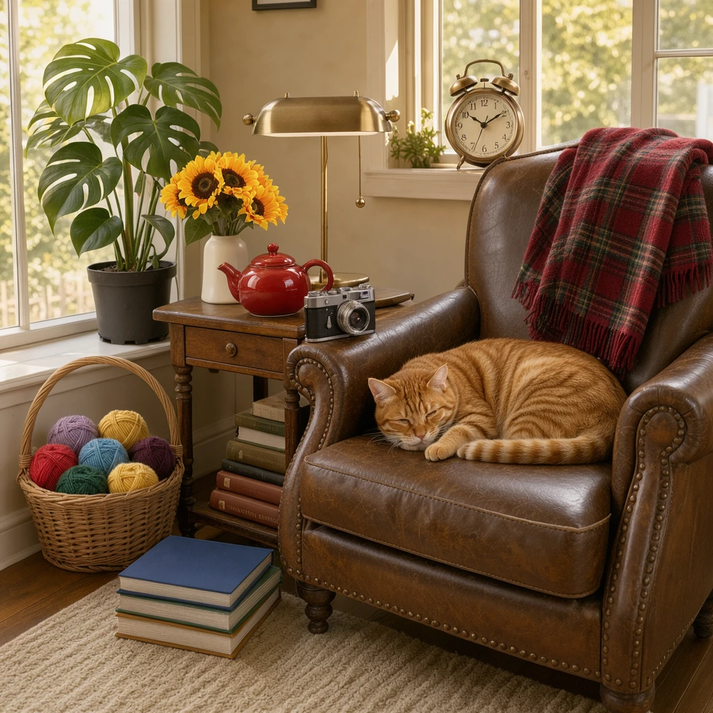 FLUX 3 Image Klein with 10 reference images: a reading nook with a leather armchair, side table and tall windows
