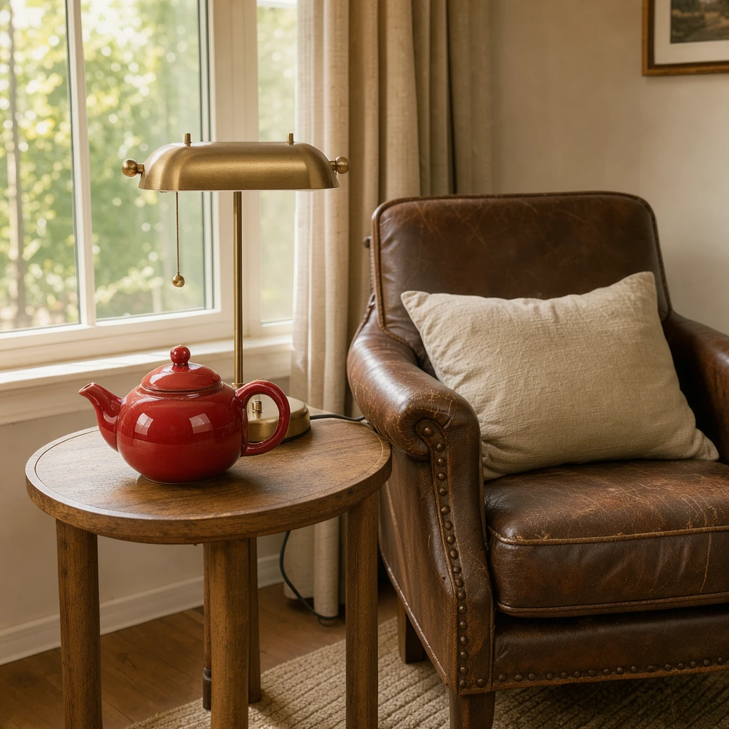 FLUX 3 Image Klein with 2 reference images: a reading nook with a leather armchair and side table