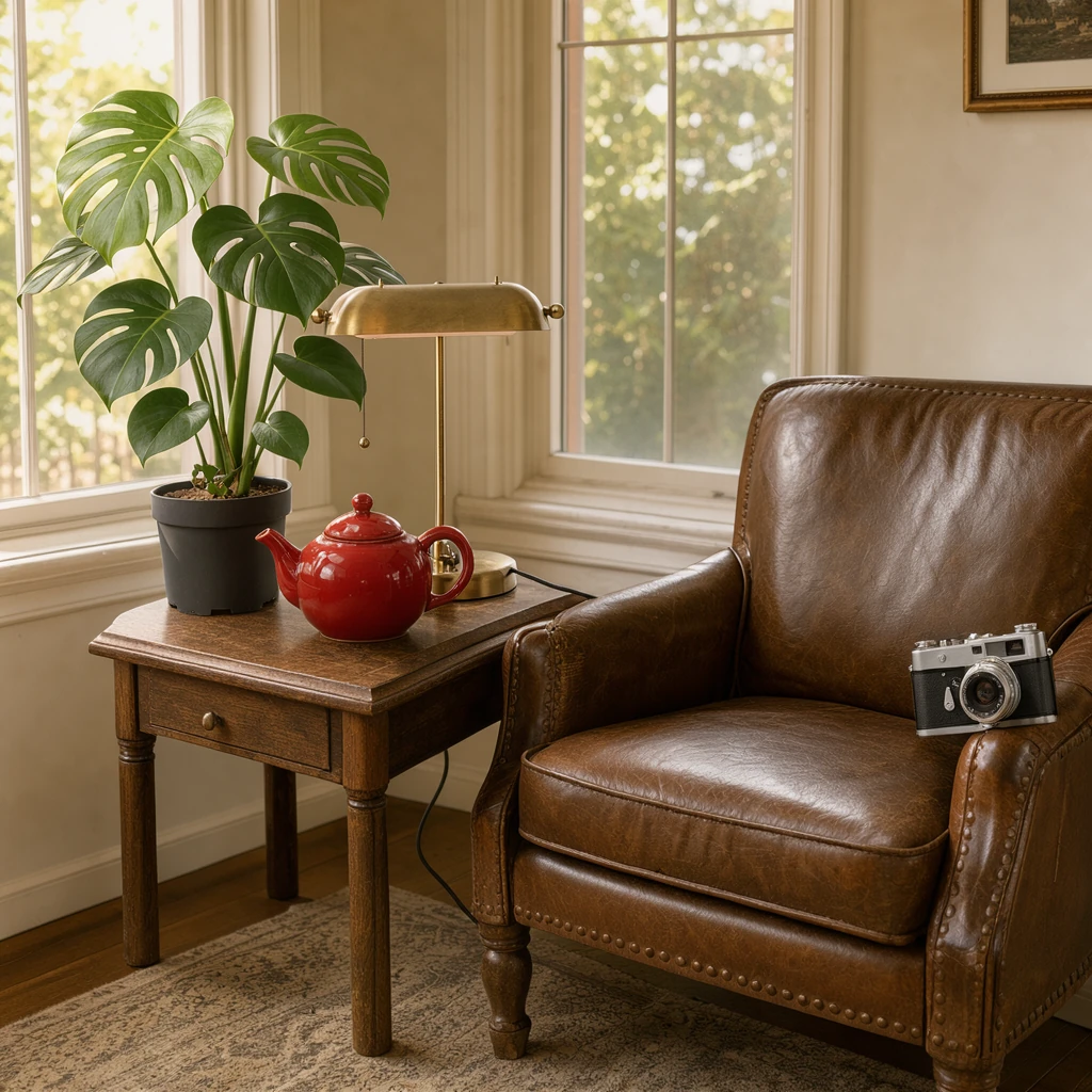 FLUX 3 Image Klein with 4 reference images: a reading nook with a leather armchair and side table
