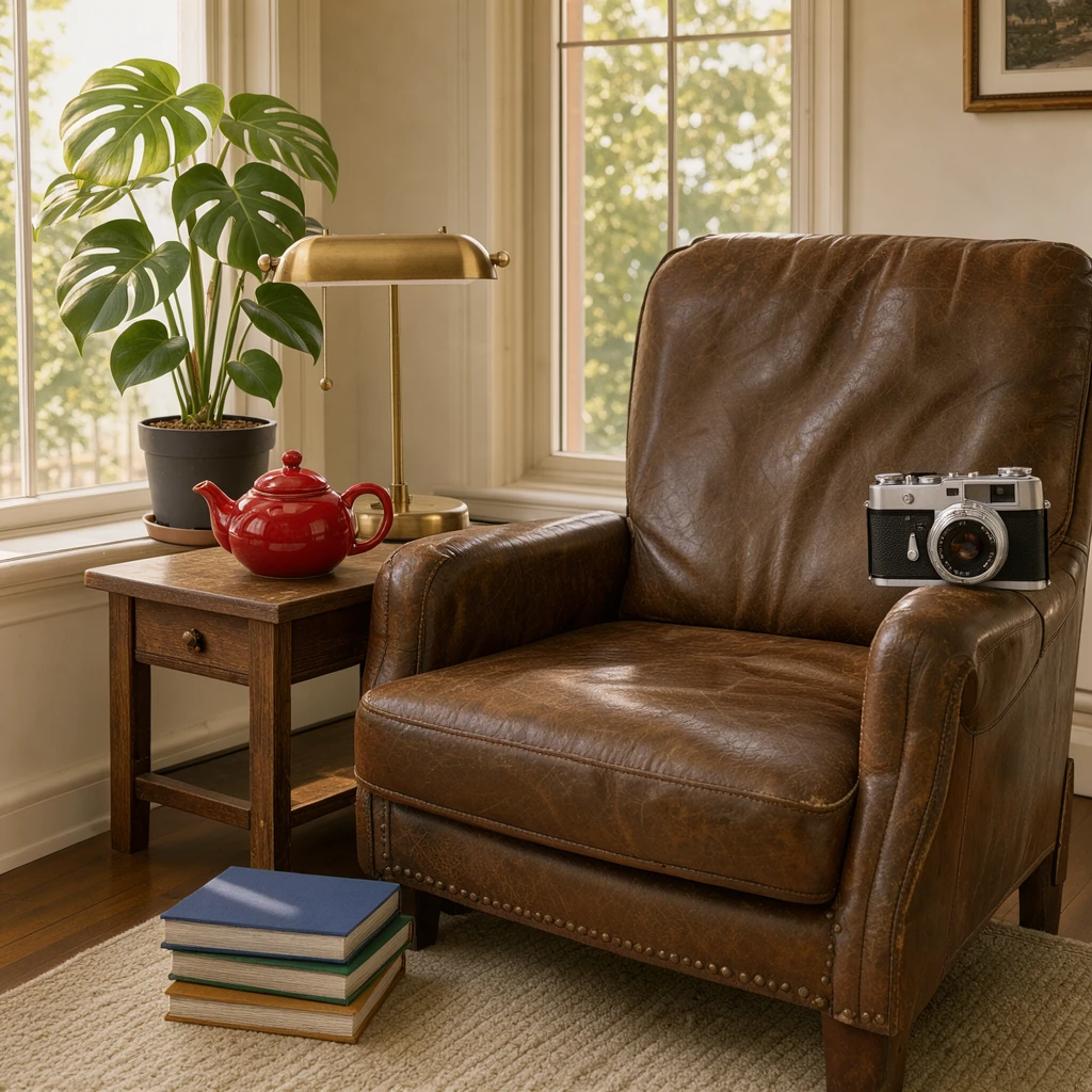 FLUX 3 Image Klein with 5 reference images: a reading nook with a leather armchair and side table