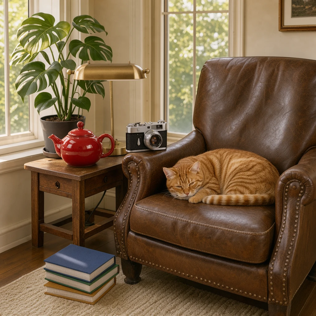 FLUX 3 Image Klein with 6 reference images: a reading nook with a leather armchair and side table