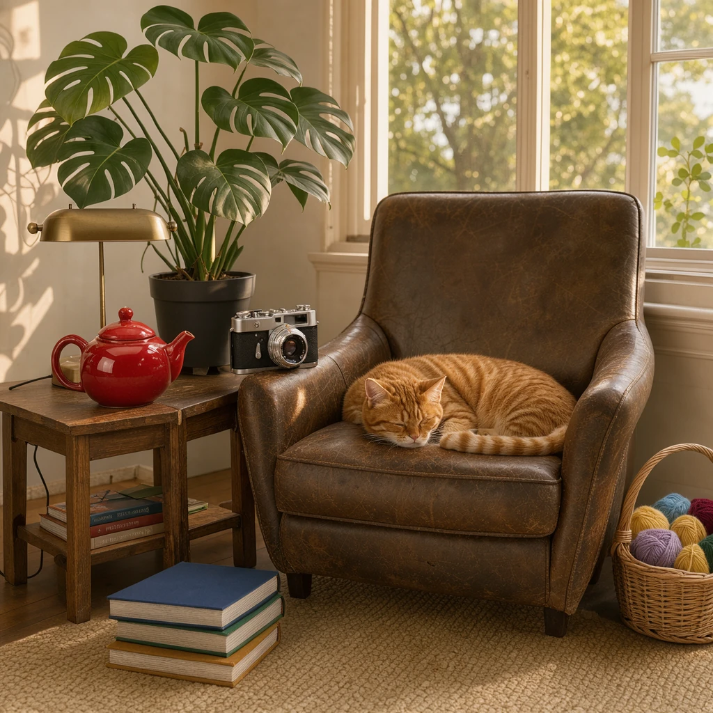 FLUX 3 Image Klein with 7 reference images: a reading nook with a leather armchair and side table