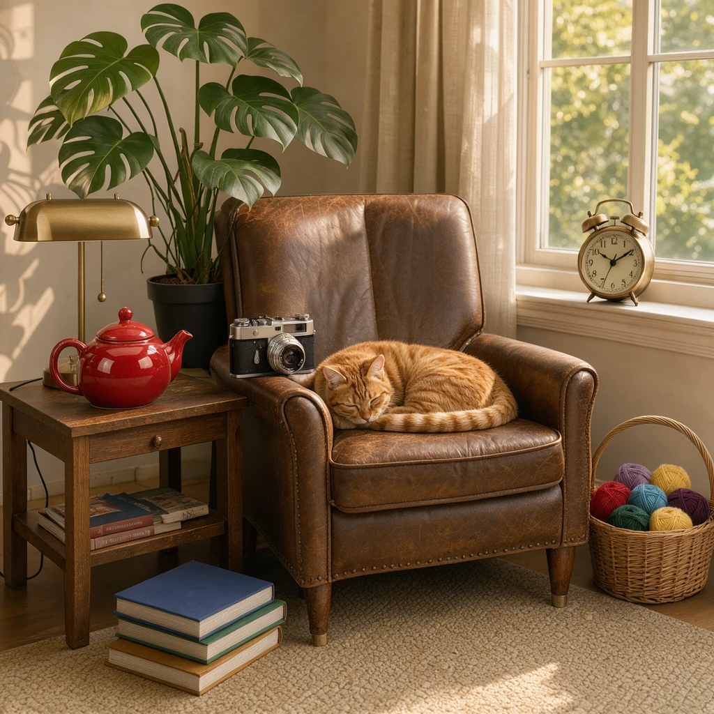 FLUX 3 Image Klein with 8 reference images: a reading nook with a leather armchair and side table