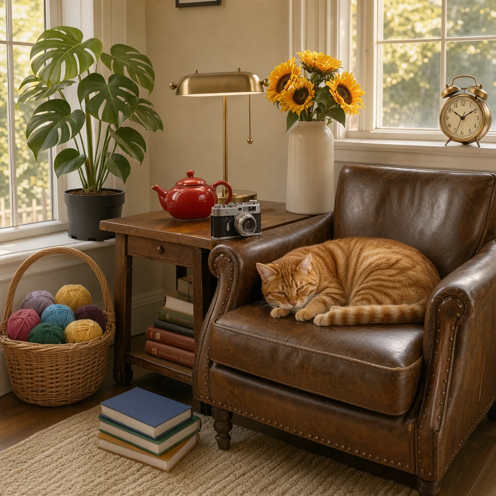 FLUX 3 Image Klein with 9 reference images: a reading nook with a leather armchair and side table