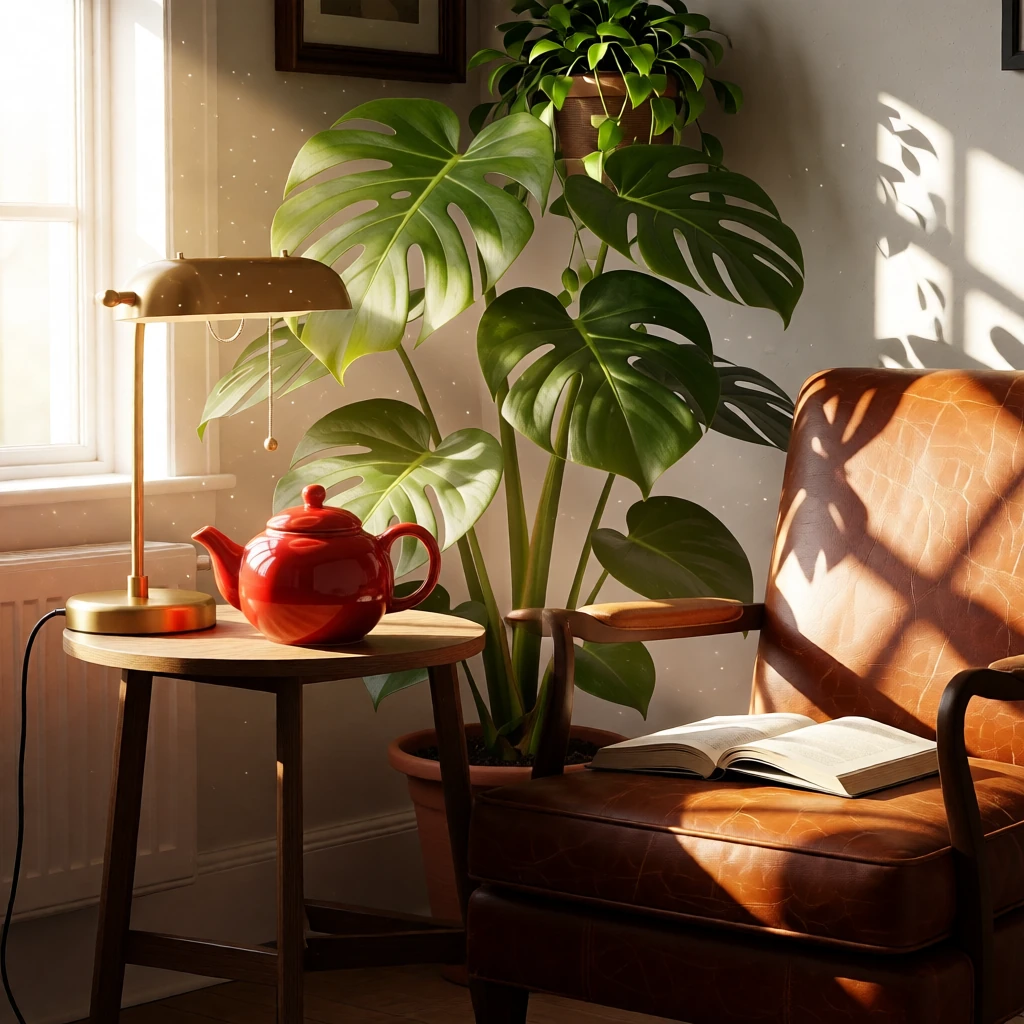Qwen Image Edit 2511 Lightning with 3 reference images: a reading nook with a leather armchair and side table