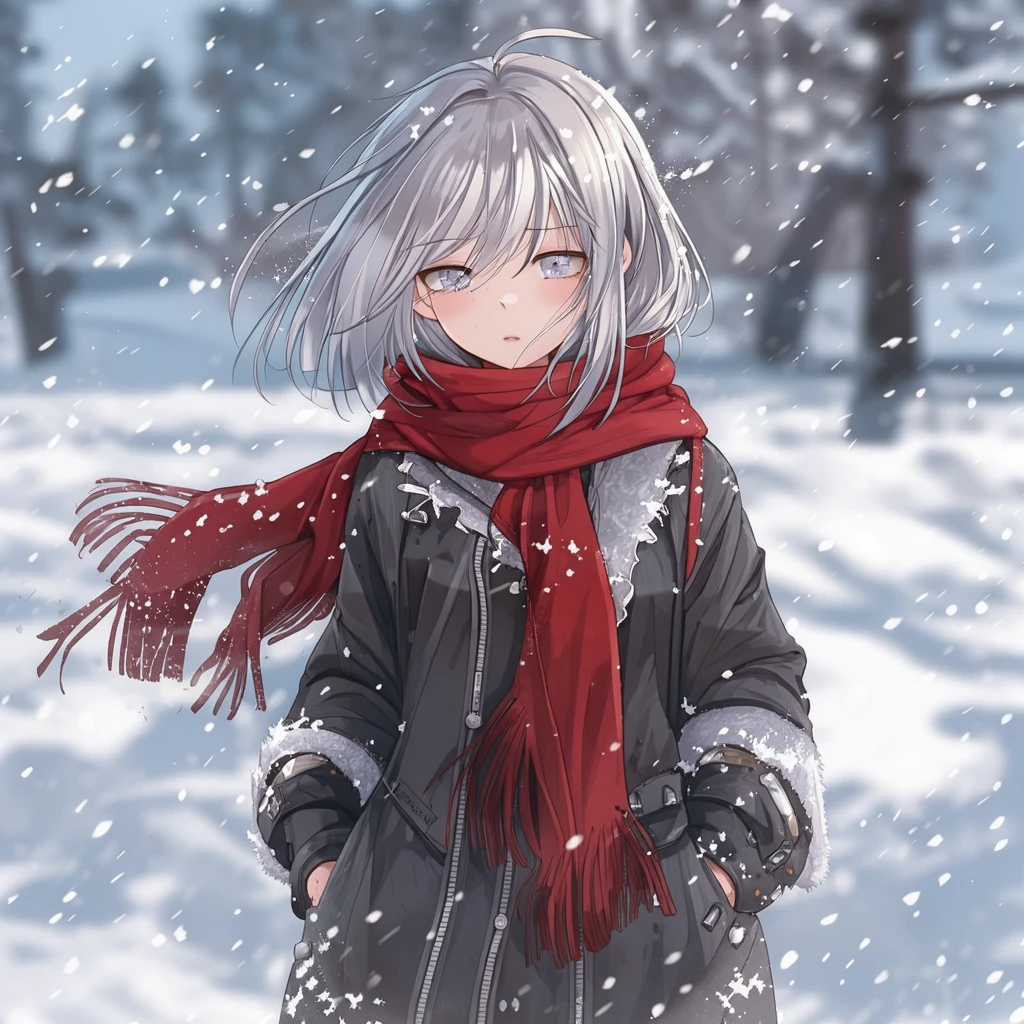 FLUX 3 Image Klein: an anime girl with silver hair and a red scarf in the snow