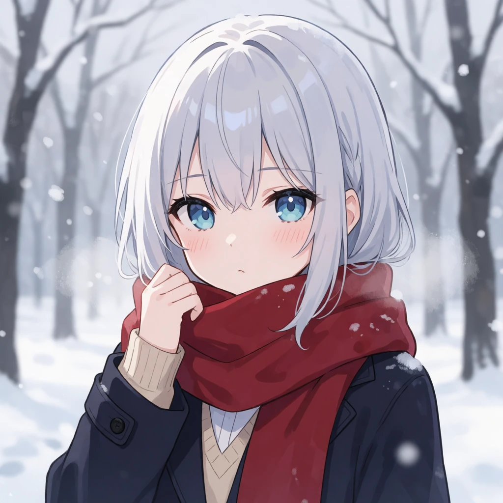 Krea 2 Turbo: an anime girl with silver hair and a red scarf in the snow