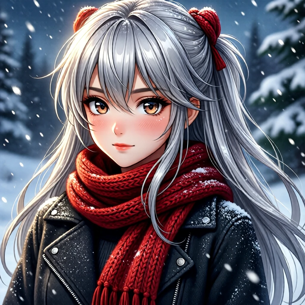 Qwen Image 2512 Lightning: an anime girl with silver hair and a red scarf in the snow