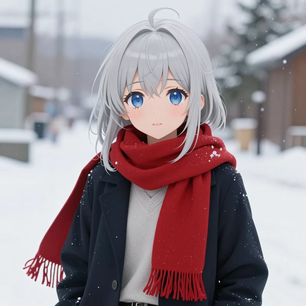 Z-Image Turbo: an anime girl with silver hair and a red scarf in the snow