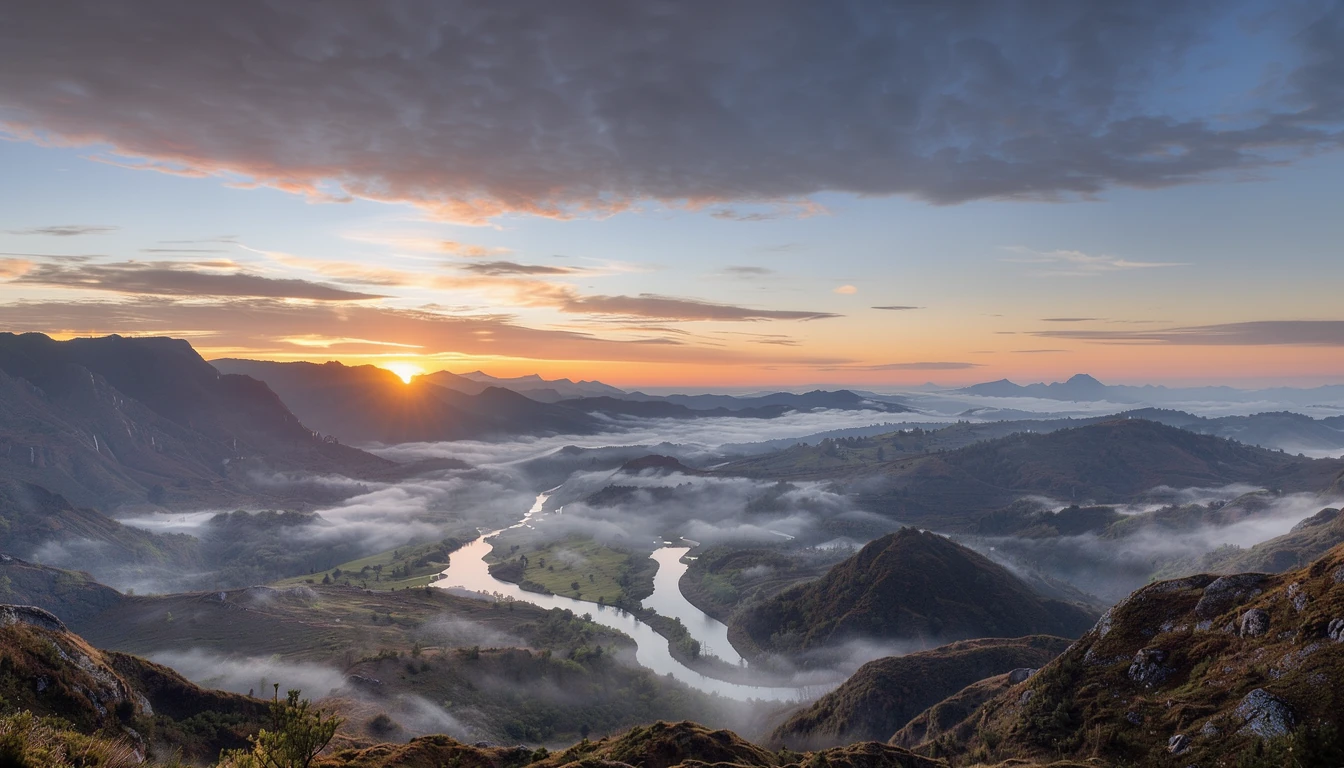 FLUX 3 Image Klein: misty mountains and a winding river at sunrise