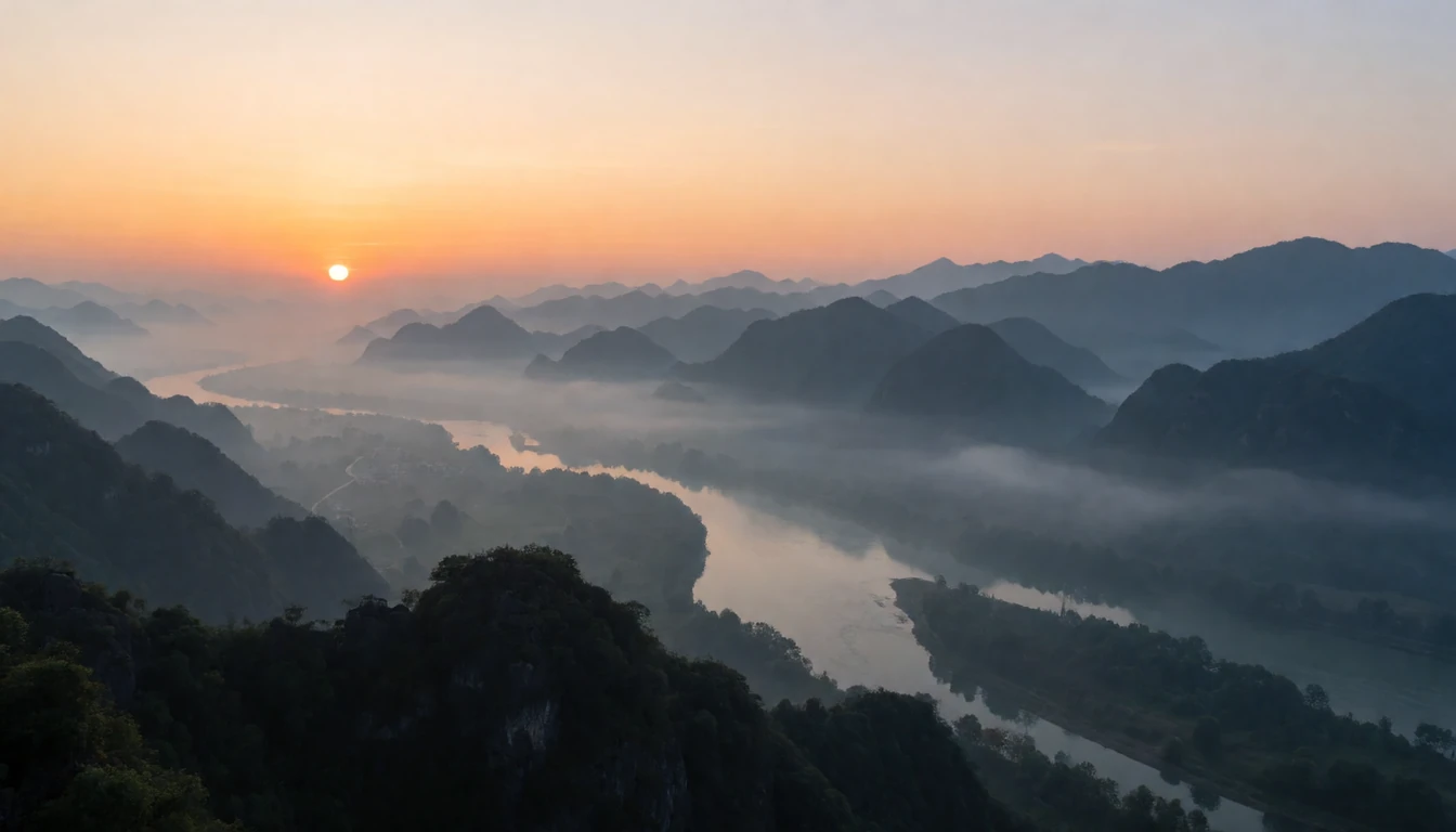 Krea 2 Turbo: misty mountains and a winding river at sunrise