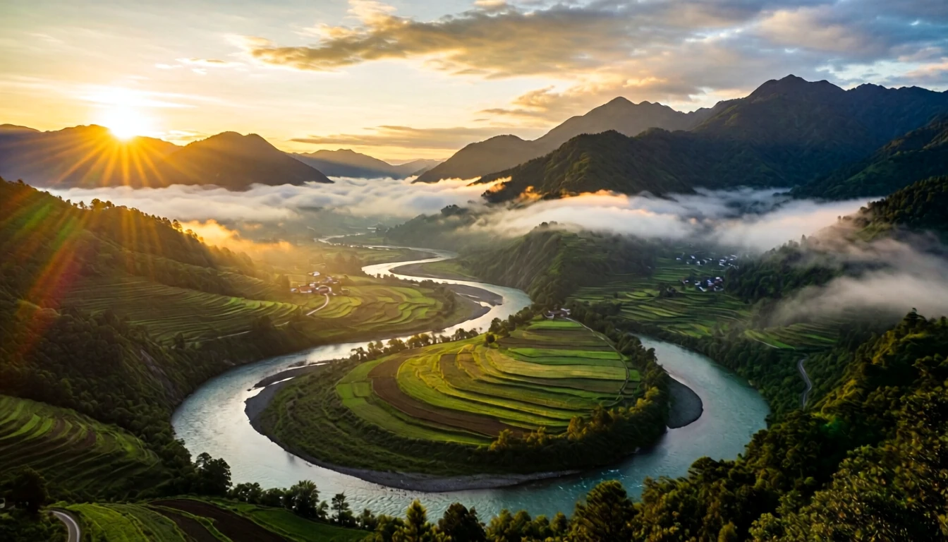 Qwen Image 2512 Lightning: misty mountains and a winding river at sunrise