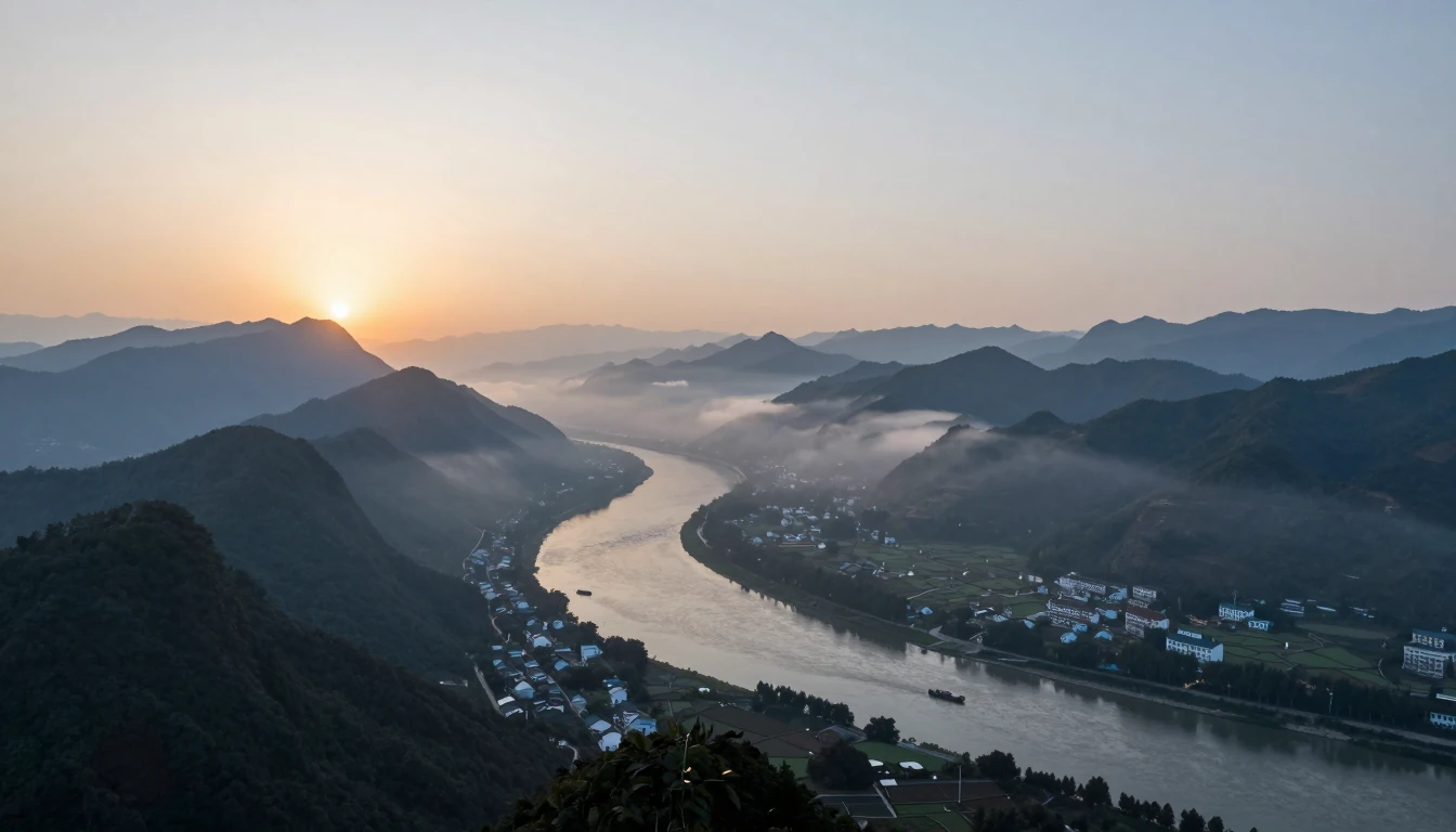 Z-Image Turbo: misty mountains and a winding river at sunrise