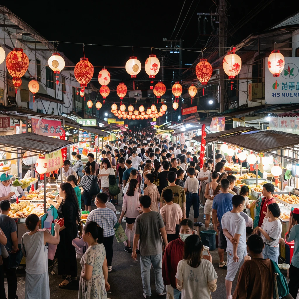 FLUX 3 Image Klein: a busy night market with food stalls and paper lanterns