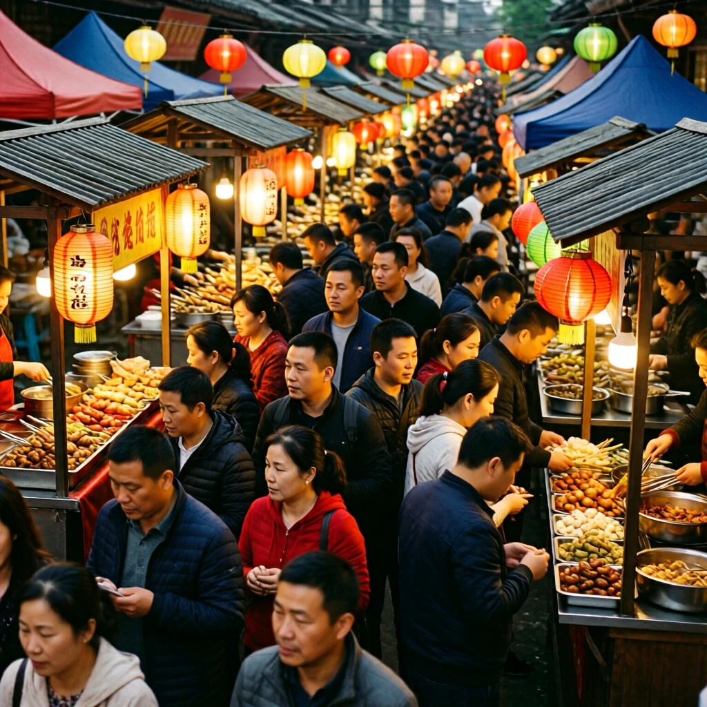Qwen Image 2512 Lightning: a busy night market with food stalls and paper lanterns