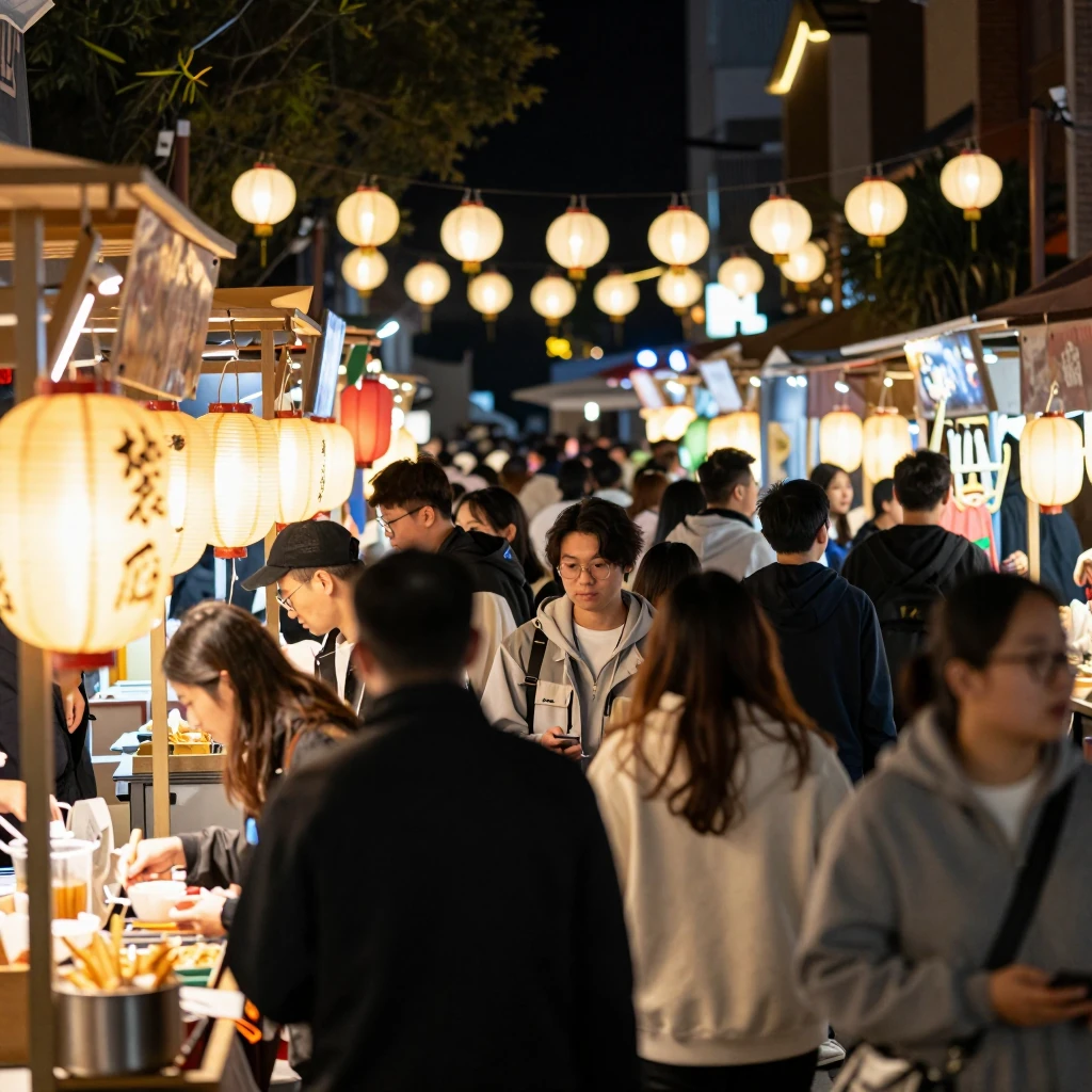 Z-Image Turbo: a busy night market with food stalls and paper lanterns