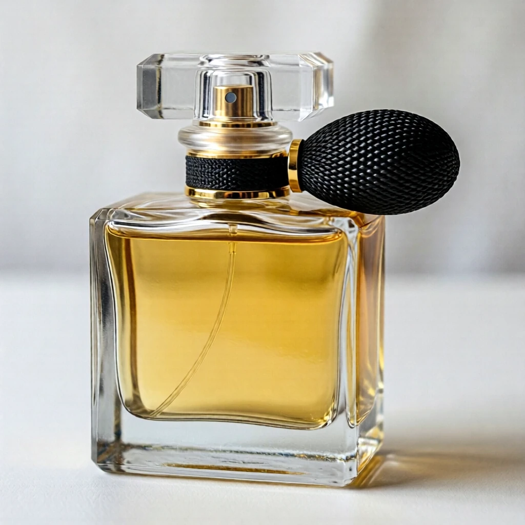 Qwen Image 2512 Lightning: a glass perfume bottle on a white background