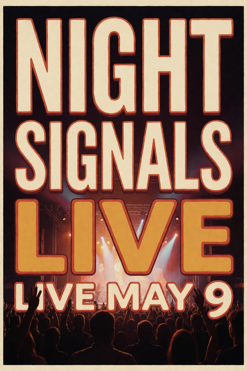 Krea 2 Turbo: a retro concert poster reading NIGHT SIGNALS
