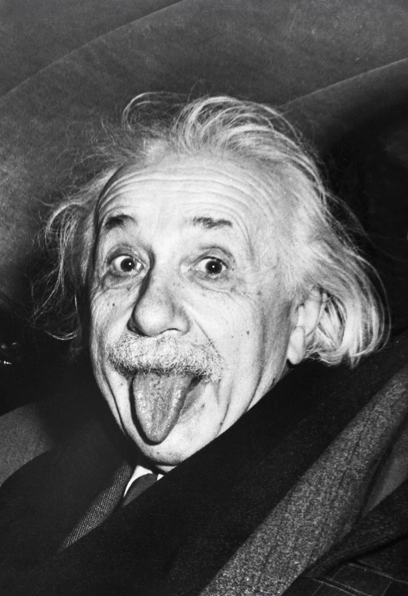 The black-and-white 1951 photograph of Albert Einstein sticking out his tongue, cropped to a head-and-shoulders portrait