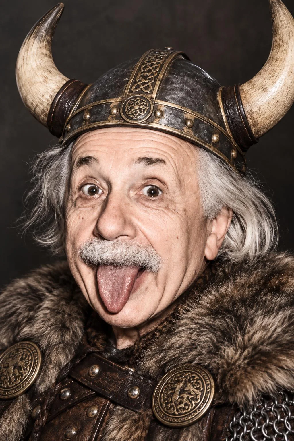 Albert Einstein sticking out his tongue, remade as a Viking in a horned helmet and fur by GPT Image 2.5 Flare