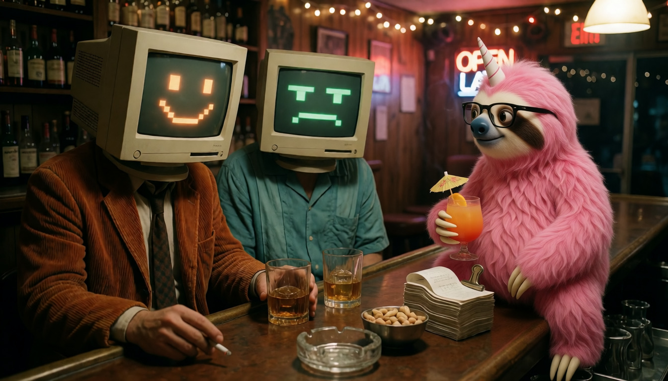 Two figures with beige CRT monitors for heads sit at a long wooden bar under string lights and an OPEN LATE neon sign. The left screen shows an orange pixel smile above a rust corduroy jacket; the right shows a deadpan green pixel face above a teal bowling shirt. Two tumblers of scotch, a cigarette in the left figure's hand, an ashtray, a bowl of peanuts and a stack of receipts in a clip sit on the bar. Simon the pink sloth sits on the bar top at the right holding an orange cocktail with a paper umbrella, watching them