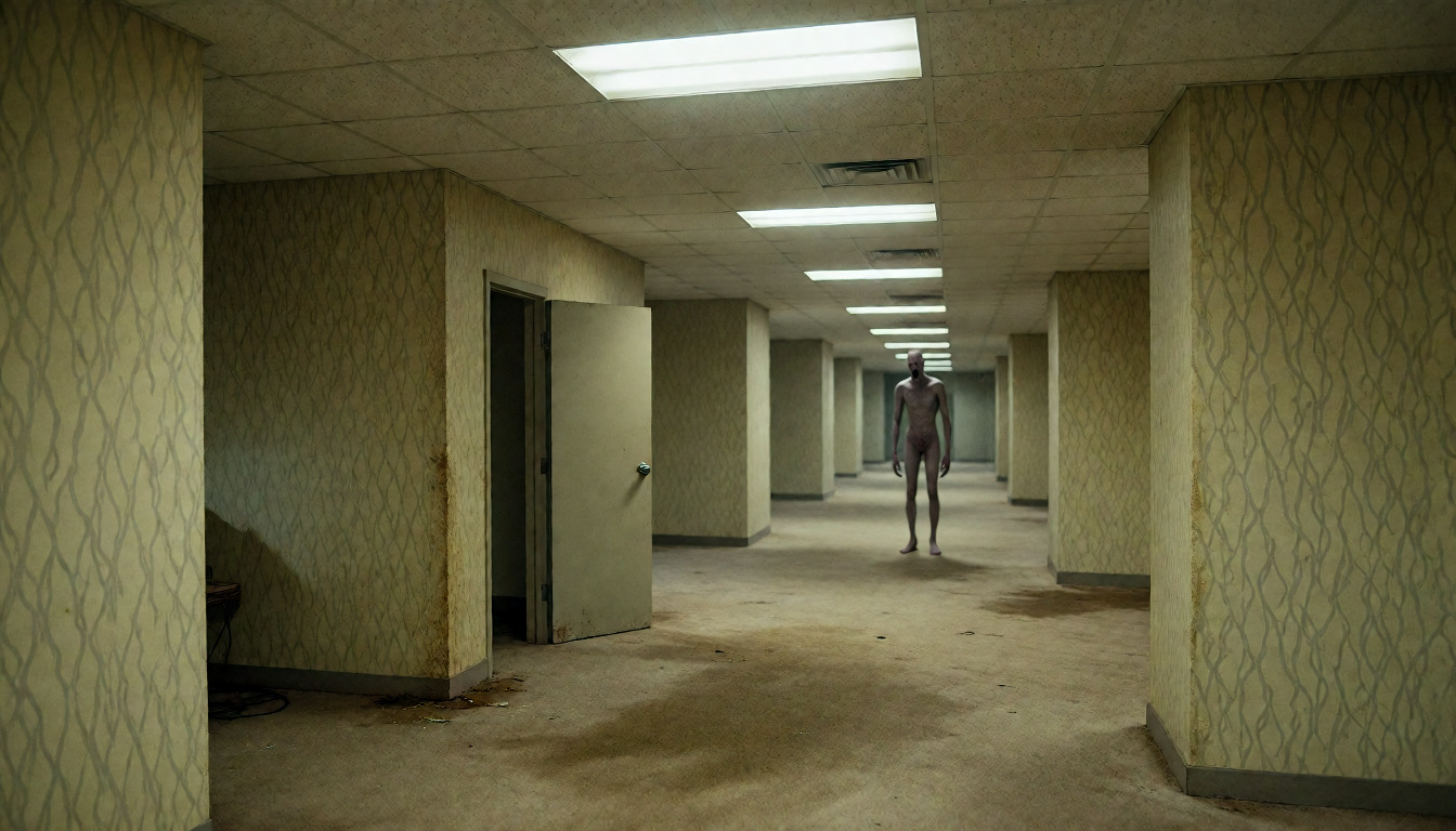 A long yellow-wallpapered office corridor under fluorescent panels, with a tall pale figure standing far away at the end of it