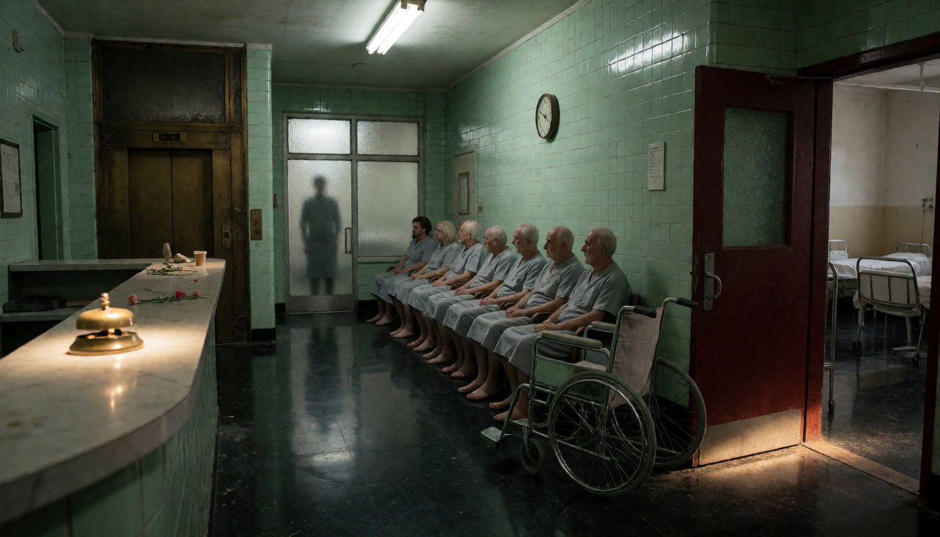 A green-tiled hospital waiting room: a row of elderly patients in gowns sit motionless along the wall, a brass bell on the desk, and a dark silhouette standing behind frosted glass doors