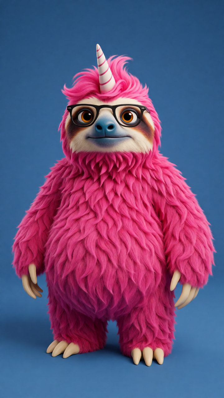 Simon’s reference portrait: a round, bubblegum-pink sloth standing upright against a blue studio backdrop, with black rectangular glasses, a blue nose, cream claws and a striped pastel unicorn horn