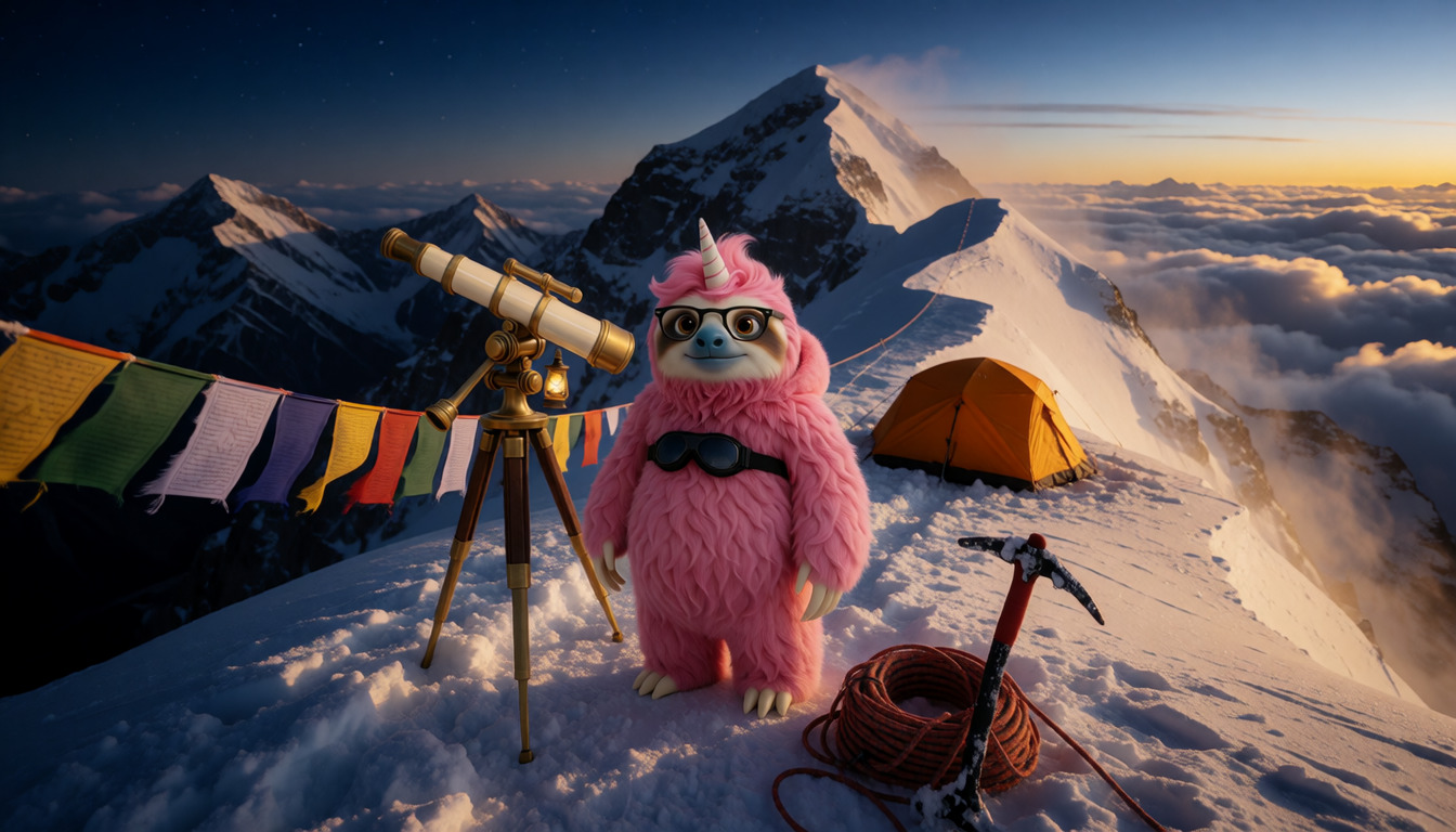 Simon in snow goggles on a narrow snowy ridge at sunrise, beside a brass telescope, a string of prayer flags, a coil of rope and an orange tent