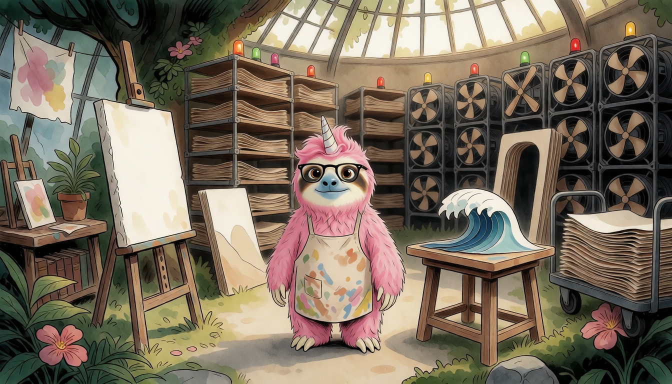 Simon in a paint-spattered apron in a storybook greenhouse, surrounded by easels, stacks of paper and racks of machines cooled by windmill fans; half a painted wave sits on a stool
