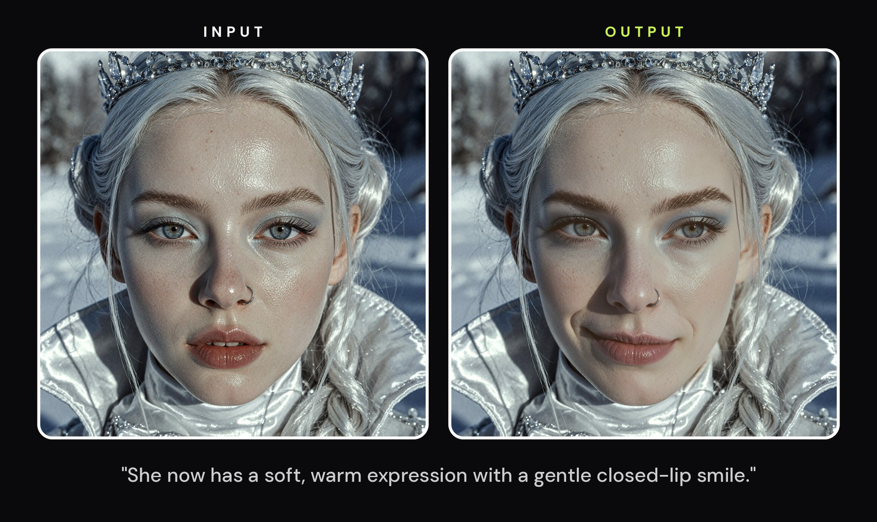 An ice-queen portrait, the same woman, crown, silver gown and snowy backdrop unchanged, her neutral stare replaced by a soft closed-lip smile.