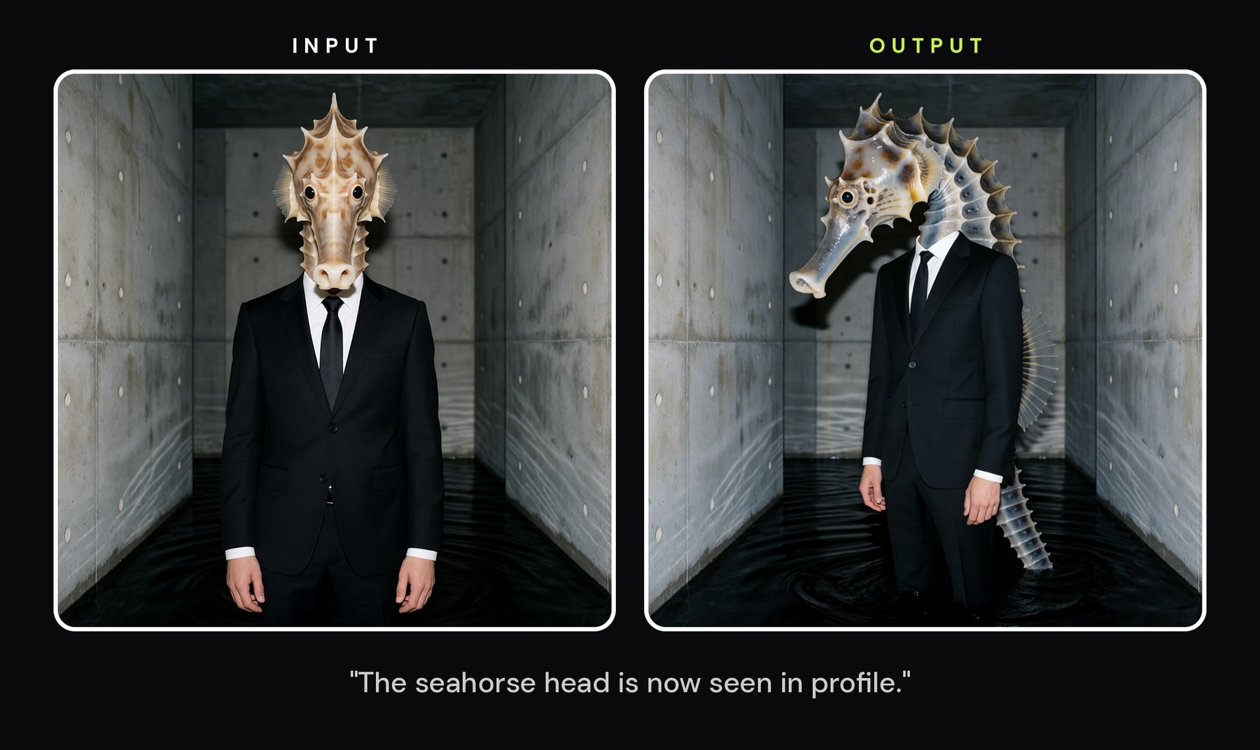 A suited figure with a seahorse for a head, rotated from a front view to a full profile, the suit, the concrete corridor and the water all unchanged.