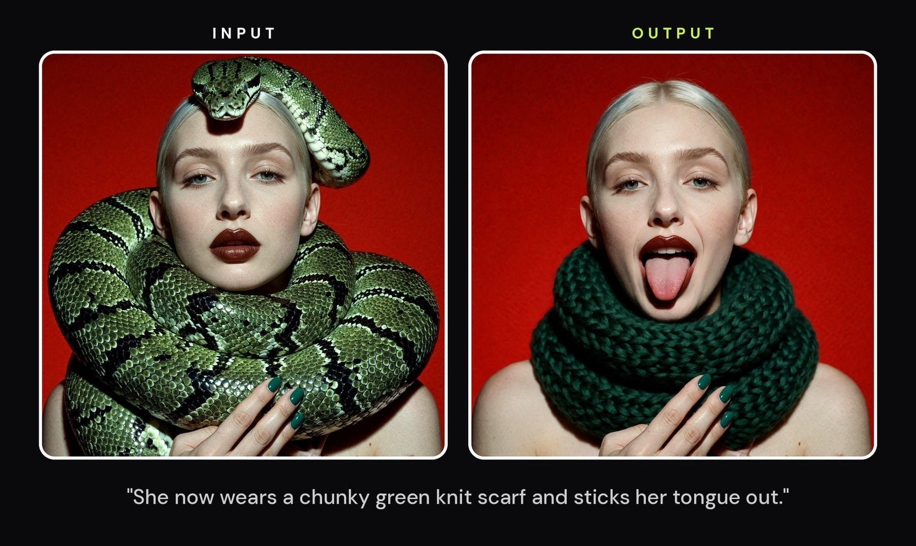 A red-background editorial portrait, the live green python coiled around the model is replaced by a chunky green knit scarf, and she sticks her tongue out.