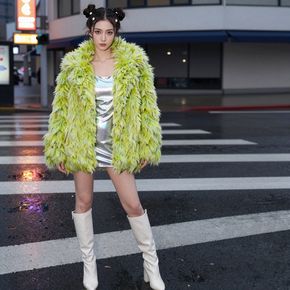 The input photo loaded in Sogni Studio, a woman in a silver dress and lime fur coat on a rainy crosswalk.